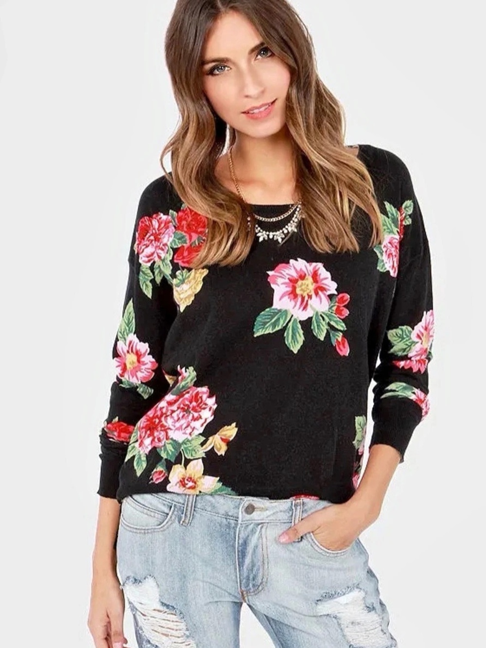 Billabong Petal Daze Floral Sweater Medium Black Cotton Rayon Boho Pullover